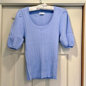 Nine West Light Blue Ribbed Blouse with Puff Sleeves